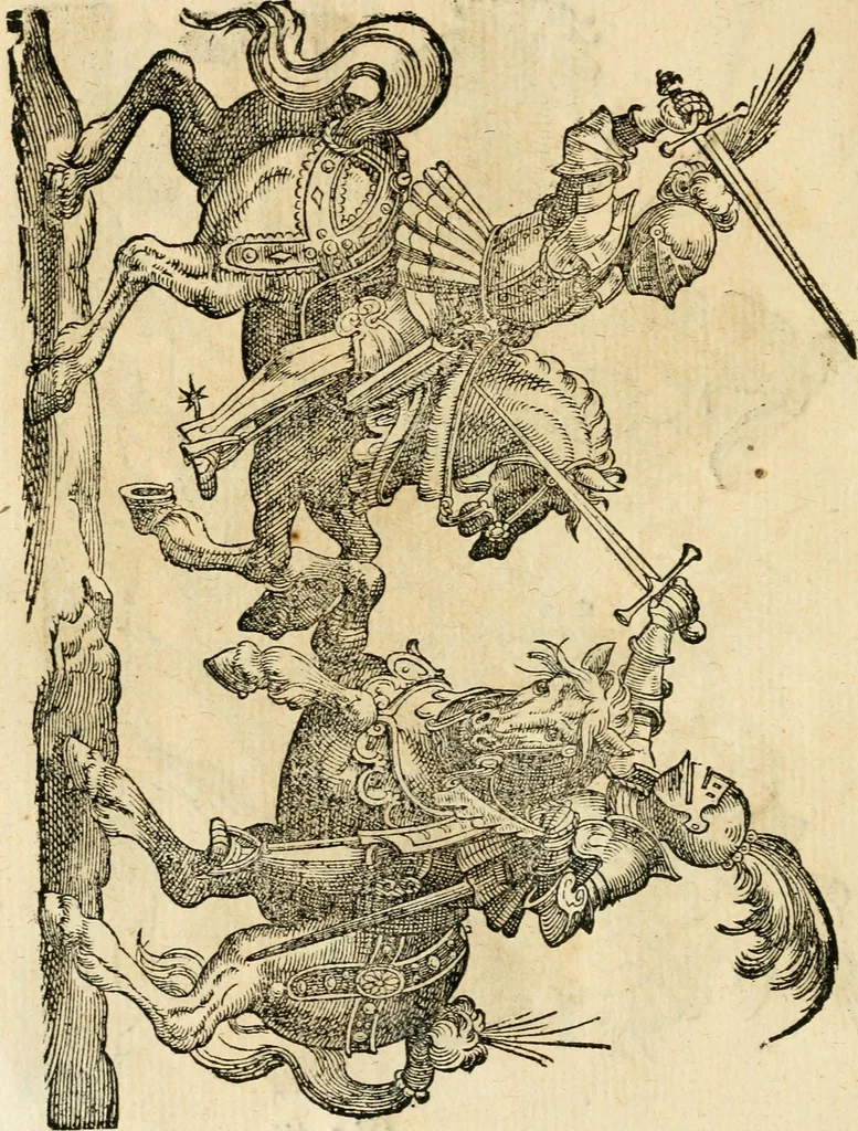 An illustration from Kunstbüchlin : Darinnen neben Fürbildung vieler, geistlicher vnnd weltlicher, hohes vnd niderstands Personen, so dann auch der Türkischen Käyser derselben obersten allerhandt kunstreiche Stück vnnd Figuren : auch die sieben Planeten, zehen alter Rittmeister vnnd Befelchshaber, Reutern vnd Contrafactur der Pferde, allerlen Thurnier, Fechten vnd dann erliche Helm vnd Helmdecken begriffen : Alles auff das zierlicht vnd künstlichst gerissen, 1599, leaf 249