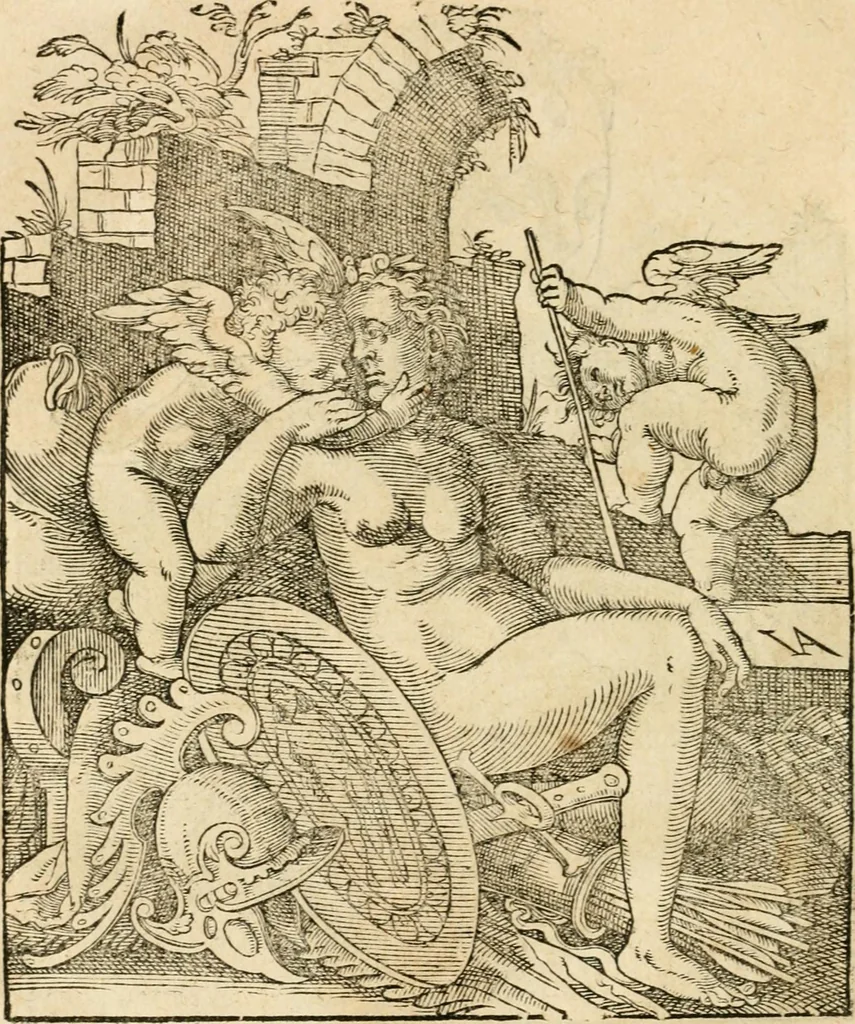 An illustration from Kunstbüchlin : Darinnen neben Fürbildung vieler, geistlicher vnnd weltlicher, hohes vnd niderstands Personen, so dann auch der Türkischen Käyser derselben obersten allerhandt kunstreiche Stück vnnd Figuren : auch die sieben Planeten, zehen alter Rittmeister vnnd Befelchshaber, Reutern vnd Contrafactur der Pferde, allerlen Thurnier, Fechten vnd dann erliche Helm vnd Helmdecken begriffen : Alles auff das zierlicht vnd künstlichst gerissen, 1599, leaf 25