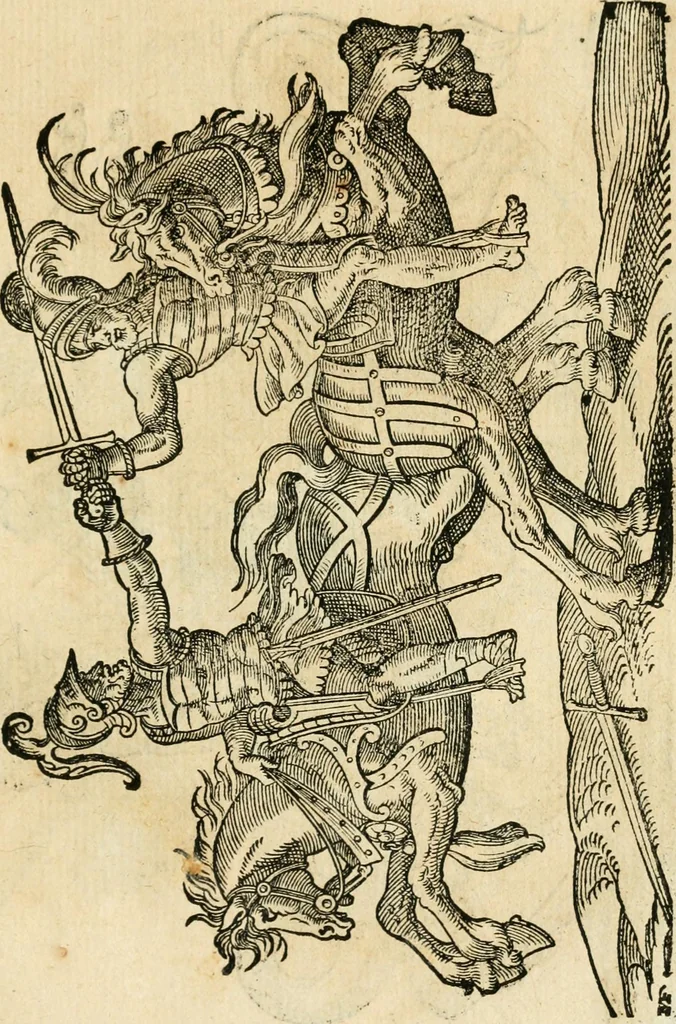 An illustration from Kunstbüchlin : Darinnen neben Fürbildung vieler, geistlicher vnnd weltlicher, hohes vnd niderstands Personen, so dann auch der Türkischen Käyser derselben obersten allerhandt kunstreiche Stück vnnd Figuren : auch die sieben Planeten, zehen alter Rittmeister vnnd Befelchshaber, Reutern vnd Contrafactur der Pferde, allerlen Thurnier, Fechten vnd dann erliche Helm vnd Helmdecken begriffen : Alles auff das zierlicht vnd künstlichst gerissen, 1599, leaf 250