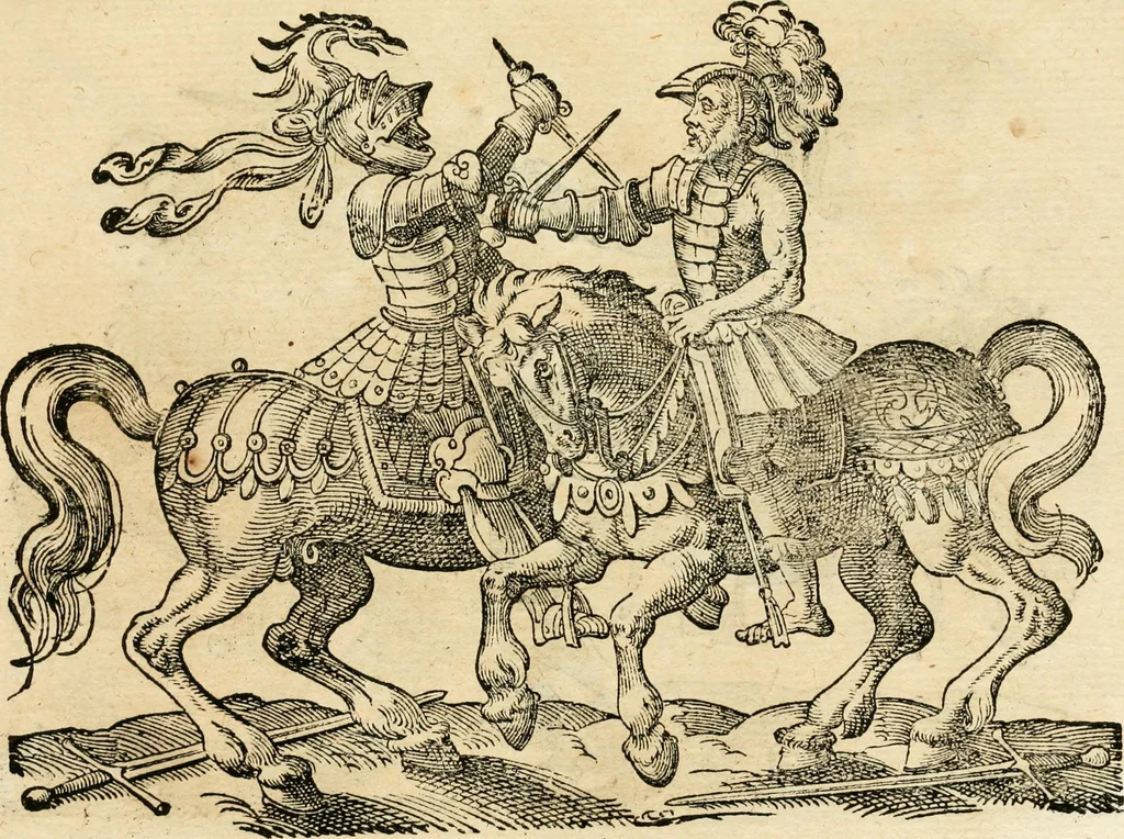 An illustration from Kunstbüchlin : Darinnen neben Fürbildung vieler, geistlicher vnnd weltlicher, hohes vnd niderstands Personen, so dann auch der Türkischen Käyser derselben obersten allerhandt kunstreiche Stück vnnd Figuren : auch die sieben Planeten, zehen alter Rittmeister vnnd Befelchshaber, Reutern vnd Contrafactur der Pferde, allerlen Thurnier, Fechten vnd dann erliche Helm vnd Helmdecken begriffen : Alles auff das zierlicht vnd künstlichst gerissen, 1599, leaf 251