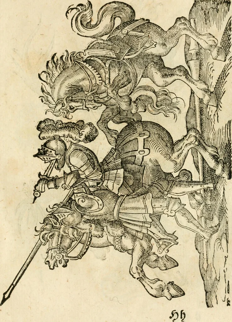 An illustration from Kunstbüchlin : Darinnen neben Fürbildung vieler, geistlicher vnnd weltlicher, hohes vnd niderstands Personen, so dann auch der Türkischen Käyser derselben obersten allerhandt kunstreiche Stück vnnd Figuren : auch die sieben Planeten, zehen alter Rittmeister vnnd Befelchshaber, Reutern vnd Contrafactur der Pferde, allerlen Thurnier, Fechten vnd dann erliche Helm vnd Helmdecken begriffen : Alles auff das zierlicht vnd künstlichst gerissen, 1599, leaf 252