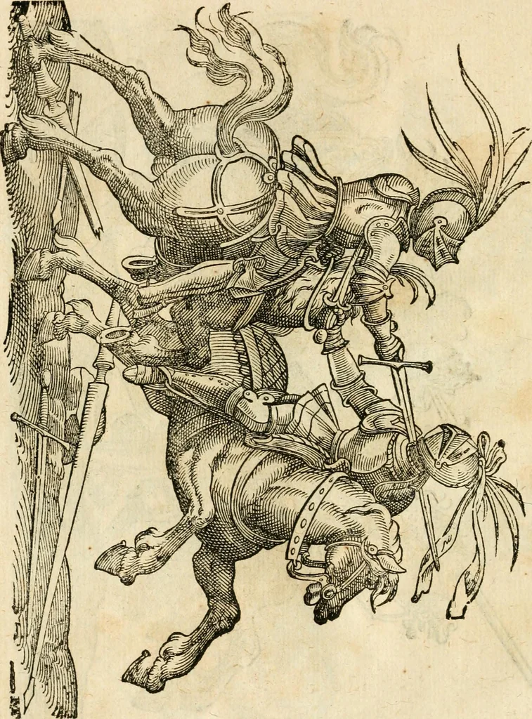 An illustration from Kunstbüchlin : Darinnen neben Fürbildung vieler, geistlicher vnnd weltlicher, hohes vnd niderstands Personen, so dann auch der Türkischen Käyser derselben obersten allerhandt kunstreiche Stück vnnd Figuren : auch die sieben Planeten, zehen alter Rittmeister vnnd Befelchshaber, Reutern vnd Contrafactur der Pferde, allerlen Thurnier, Fechten vnd dann erliche Helm vnd Helmdecken begriffen : Alles auff das zierlicht vnd künstlichst gerissen, 1599, leaf 253