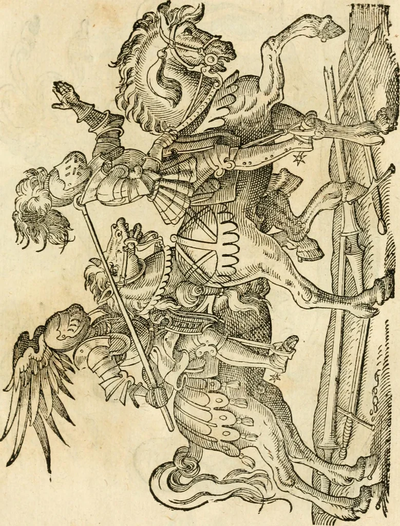 An illustration from Kunstbüchlin : Darinnen neben Fürbildung vieler, geistlicher vnnd weltlicher, hohes vnd niderstands Personen, so dann auch der Türkischen Käyser derselben obersten allerhandt kunstreiche Stück vnnd Figuren : auch die sieben Planeten, zehen alter Rittmeister vnnd Befelchshaber, Reutern vnd Contrafactur der Pferde, allerlen Thurnier, Fechten vnd dann erliche Helm vnd Helmdecken begriffen : Alles auff das zierlicht vnd künstlichst gerissen, 1599, leaf 254