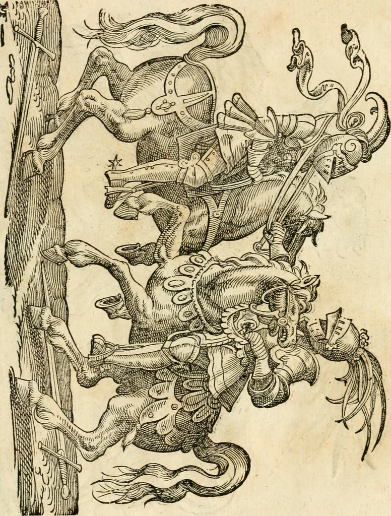 An illustration from Kunstbüchlin : Darinnen neben Fürbildung vieler, geistlicher vnnd weltlicher, hohes vnd niderstands Personen, so dann auch der Türkischen Käyser derselben obersten allerhandt kunstreiche Stück vnnd Figuren : auch die sieben Planeten, zehen alter Rittmeister vnnd Befelchshaber, Reutern vnd Contrafactur der Pferde, allerlen Thurnier, Fechten vnd dann erliche Helm vnd Helmdecken begriffen : Alles auff das zierlicht vnd künstlichst gerissen, 1599, leaf 255
