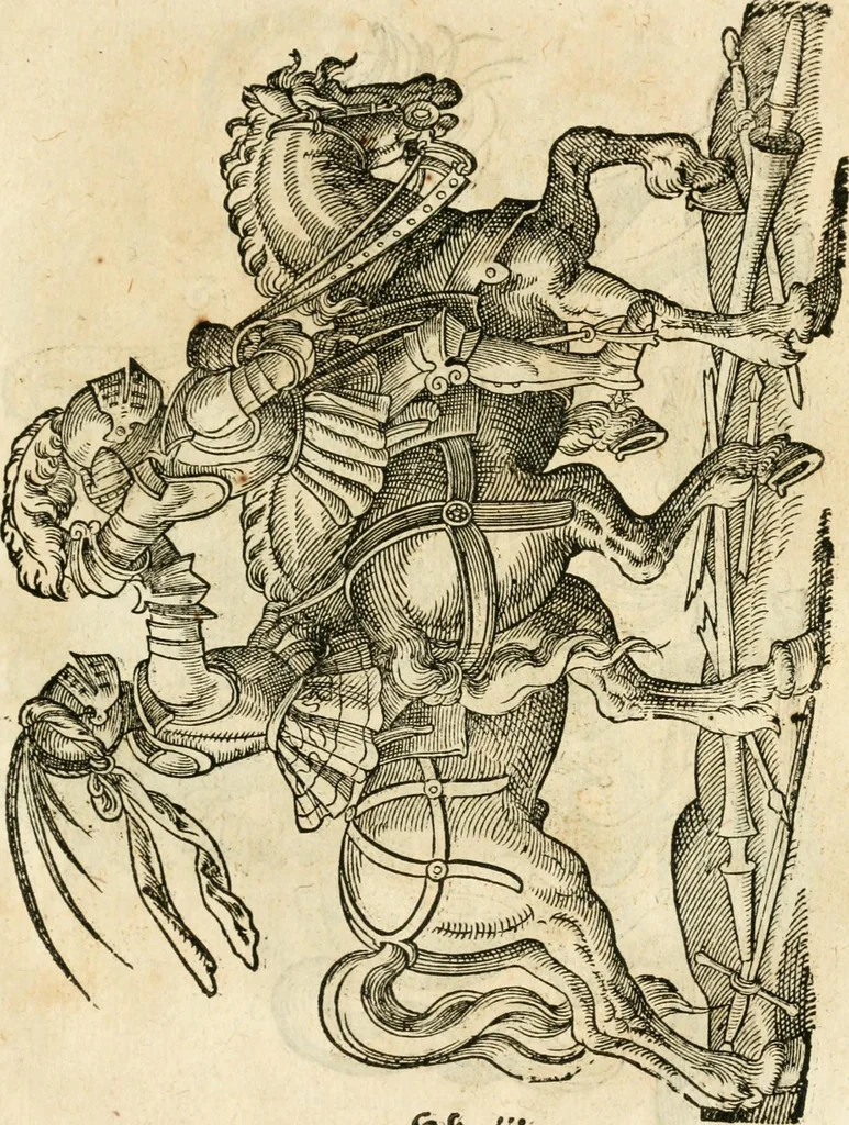 An illustration from Kunstbüchlin : Darinnen neben Fürbildung vieler, geistlicher vnnd weltlicher, hohes vnd niderstands Personen, so dann auch der Türkischen Käyser derselben obersten allerhandt kunstreiche Stück vnnd Figuren : auch die sieben Planeten, zehen alter Rittmeister vnnd Befelchshaber, Reutern vnd Contrafactur der Pferde, allerlen Thurnier, Fechten vnd dann erliche Helm vnd Helmdecken begriffen : Alles auff das zierlicht vnd künstlichst gerissen, 1599, leaf 256