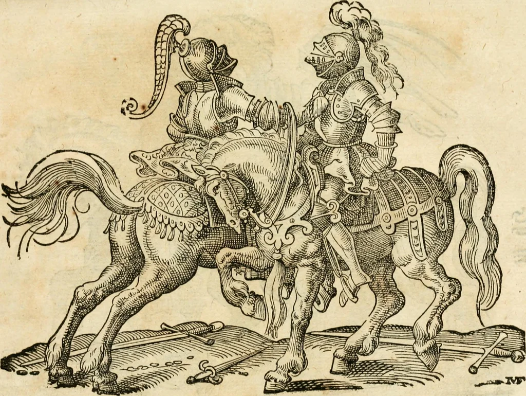 An illustration from Kunstbüchlin : Darinnen neben Fürbildung vieler, geistlicher vnnd weltlicher, hohes vnd niderstands Personen, so dann auch der Türkischen Käyser derselben obersten allerhandt kunstreiche Stück vnnd Figuren : auch die sieben Planeten, zehen alter Rittmeister vnnd Befelchshaber, Reutern vnd Contrafactur der Pferde, allerlen Thurnier, Fechten vnd dann erliche Helm vnd Helmdecken begriffen : Alles auff das zierlicht vnd künstlichst gerissen, 1599, leaf 257