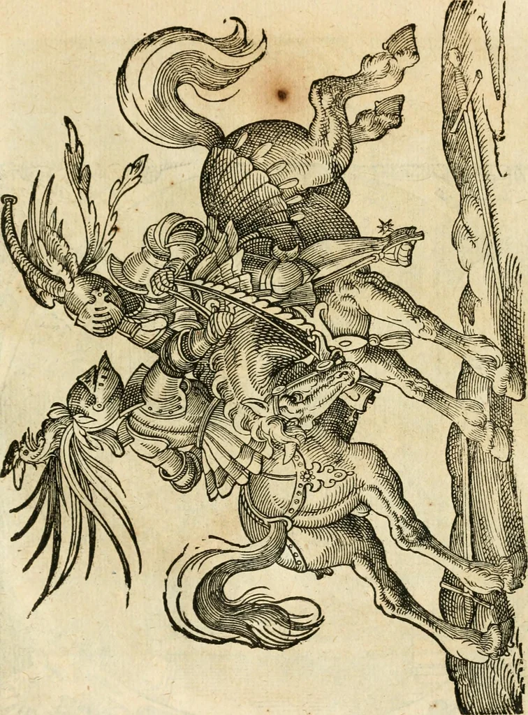 An illustration from Kunstbüchlin : Darinnen neben Fürbildung vieler, geistlicher vnnd weltlicher, hohes vnd niderstands Personen, so dann auch der Türkischen Käyser derselben obersten allerhandt kunstreiche Stück vnnd Figuren : auch die sieben Planeten, zehen alter Rittmeister vnnd Befelchshaber, Reutern vnd Contrafactur der Pferde, allerlen Thurnier, Fechten vnd dann erliche Helm vnd Helmdecken begriffen : Alles auff das zierlicht vnd künstlichst gerissen, 1599, leaf 258