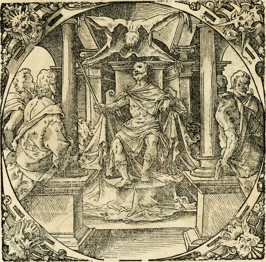 An illustration from Kunstbüchlin : Darinnen neben Fürbildung vieler, geistlicher vnnd weltlicher, hohes vnd niderstands Personen, so dann auch der Türkischen Käyser derselben obersten allerhandt kunstreiche Stück vnnd Figuren : auch die sieben Planeten, zehen alter Rittmeister vnnd Befelchshaber, Reutern vnd Contrafactur der Pferde, allerlen Thurnier, Fechten vnd dann erliche Helm vnd Helmdecken begriffen : Alles auff das zierlicht vnd künstlichst gerissen, 1599, leaf 259