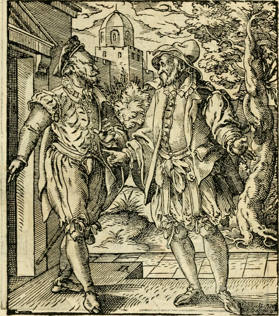 An illustration from Kunstbüchlin : Darinnen neben Fürbildung vieler, geistlicher vnnd weltlicher, hohes vnd niderstands Personen, so dann auch der Türkischen Käyser derselben obersten allerhandt kunstreiche Stück vnnd Figuren : auch die sieben Planeten, zehen alter Rittmeister vnnd Befelchshaber, Reutern vnd Contrafactur der Pferde, allerlen Thurnier, Fechten vnd dann erliche Helm vnd Helmdecken begriffen : Alles auff das zierlicht vnd künstlichst gerissen, 1599, leaf 262
