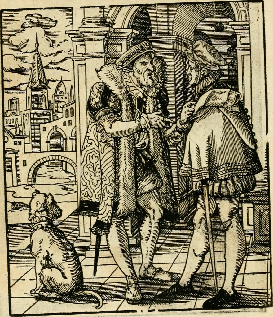 An illustration from Kunstbüchlin : Darinnen neben Fürbildung vieler, geistlicher vnnd weltlicher, hohes vnd niderstands Personen, so dann auch der Türkischen Käyser derselben obersten allerhandt kunstreiche Stück vnnd Figuren : auch die sieben Planeten, zehen alter Rittmeister vnnd Befelchshaber, Reutern vnd Contrafactur der Pferde, allerlen Thurnier, Fechten vnd dann erliche Helm vnd Helmdecken begriffen : Alles auff das zierlicht vnd künstlichst gerissen, 1599, leaf 263