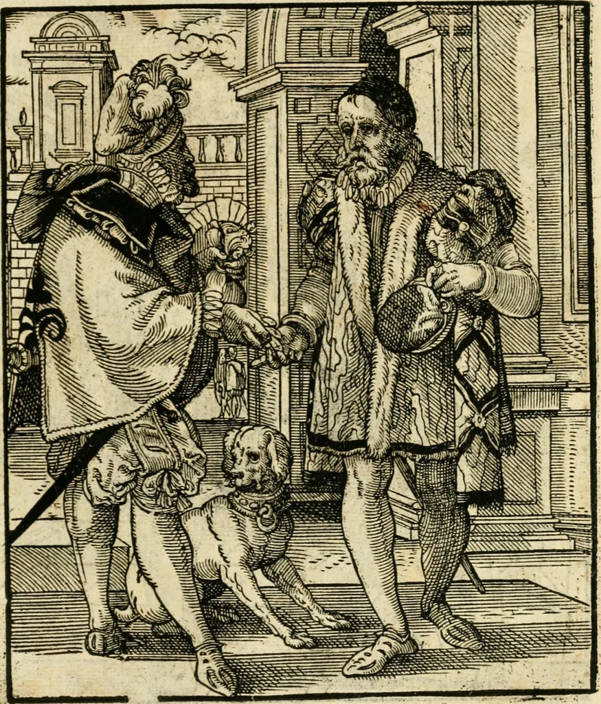 An illustration from Kunstbüchlin : Darinnen neben Fürbildung vieler, geistlicher vnnd weltlicher, hohes vnd niderstands Personen, so dann auch der Türkischen Käyser derselben obersten allerhandt kunstreiche Stück vnnd Figuren : auch die sieben Planeten, zehen alter Rittmeister vnnd Befelchshaber, Reutern vnd Contrafactur der Pferde, allerlen Thurnier, Fechten vnd dann erliche Helm vnd Helmdecken begriffen : Alles auff das zierlicht vnd künstlichst gerissen, 1599, leaf 264
