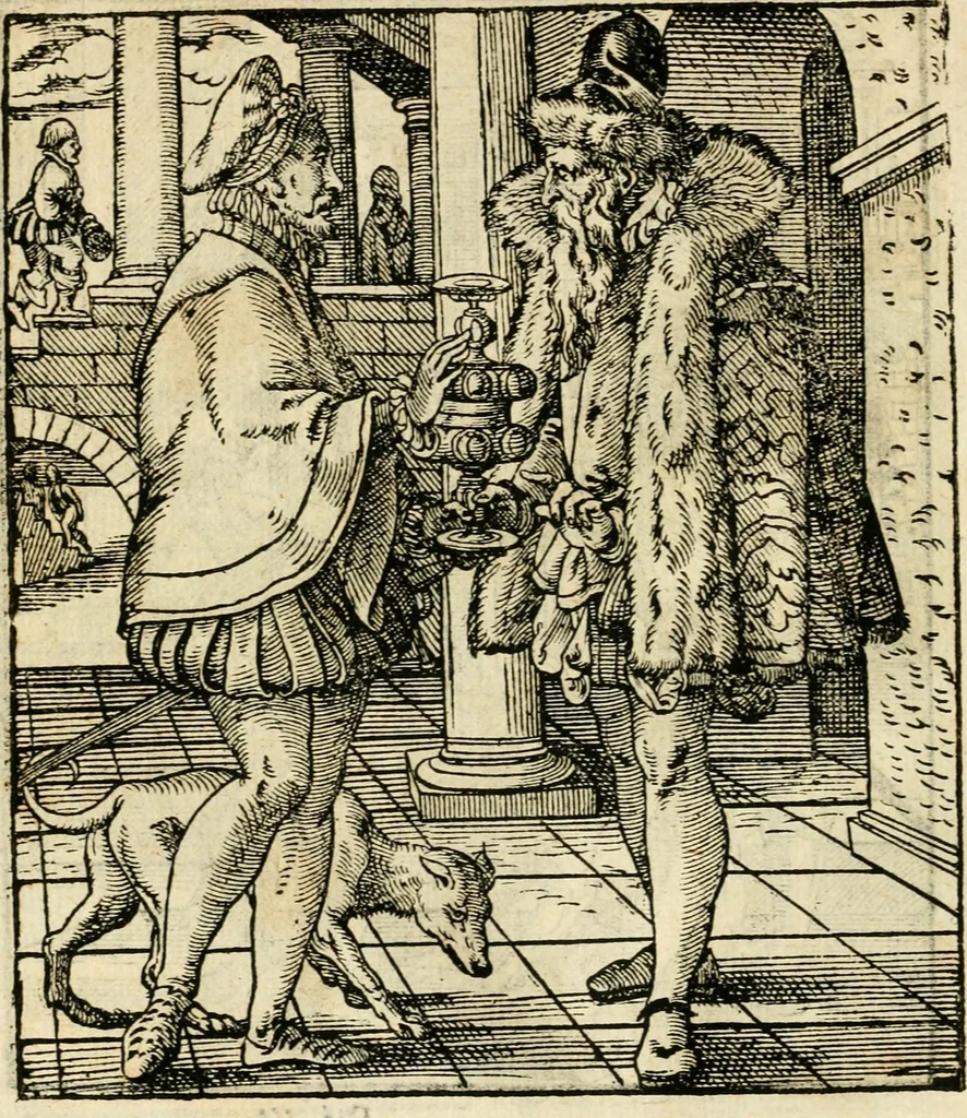 An illustration from Kunstbüchlin : Darinnen neben Fürbildung vieler, geistlicher vnnd weltlicher, hohes vnd niderstands Personen, so dann auch der Türkischen Käyser derselben obersten allerhandt kunstreiche Stück vnnd Figuren : auch die sieben Planeten, zehen alter Rittmeister vnnd Befelchshaber, Reutern vnd Contrafactur der Pferde, allerlen Thurnier, Fechten vnd dann erliche Helm vnd Helmdecken begriffen : Alles auff das zierlicht vnd künstlichst gerissen, 1599, leaf 265