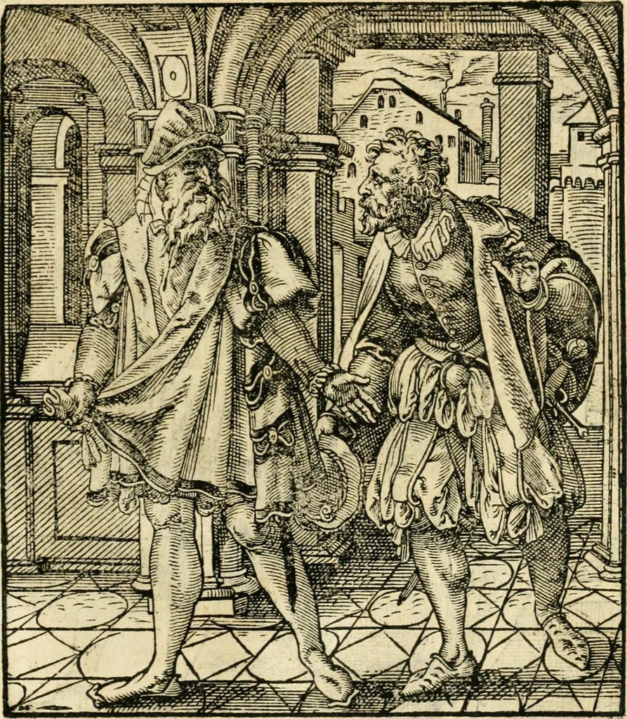 An illustration from Kunstbüchlin : Darinnen neben Fürbildung vieler, geistlicher vnnd weltlicher, hohes vnd niderstands Personen, so dann auch der Türkischen Käyser derselben obersten allerhandt kunstreiche Stück vnnd Figuren : auch die sieben Planeten, zehen alter Rittmeister vnnd Befelchshaber, Reutern vnd Contrafactur der Pferde, allerlen Thurnier, Fechten vnd dann erliche Helm vnd Helmdecken begriffen : Alles auff das zierlicht vnd künstlichst gerissen, 1599, leaf 266