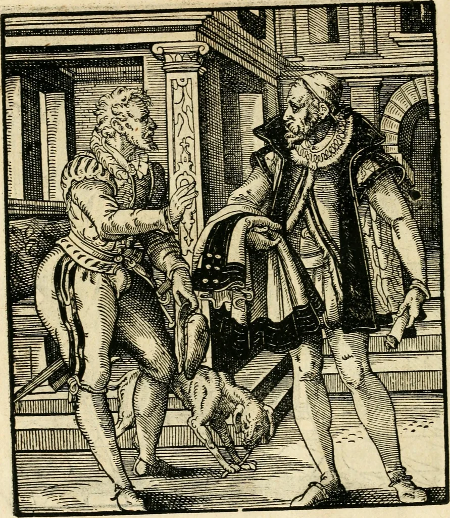 An illustration from Kunstbüchlin : Darinnen neben Fürbildung vieler, geistlicher vnnd weltlicher, hohes vnd niderstands Personen, so dann auch der Türkischen Käyser derselben obersten allerhandt kunstreiche Stück vnnd Figuren : auch die sieben Planeten, zehen alter Rittmeister vnnd Befelchshaber, Reutern vnd Contrafactur der Pferde, allerlen Thurnier, Fechten vnd dann erliche Helm vnd Helmdecken begriffen : Alles auff das zierlicht vnd künstlichst gerissen, 1599, leaf 267