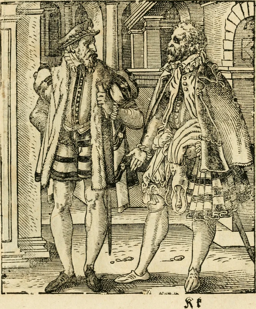An illustration from Kunstbüchlin : Darinnen neben Fürbildung vieler, geistlicher vnnd weltlicher, hohes vnd niderstands Personen, so dann auch der Türkischen Käyser derselben obersten allerhandt kunstreiche Stück vnnd Figuren : auch die sieben Planeten, zehen alter Rittmeister vnnd Befelchshaber, Reutern vnd Contrafactur der Pferde, allerlen Thurnier, Fechten vnd dann erliche Helm vnd Helmdecken begriffen : Alles auff das zierlicht vnd künstlichst gerissen, 1599, leaf 268