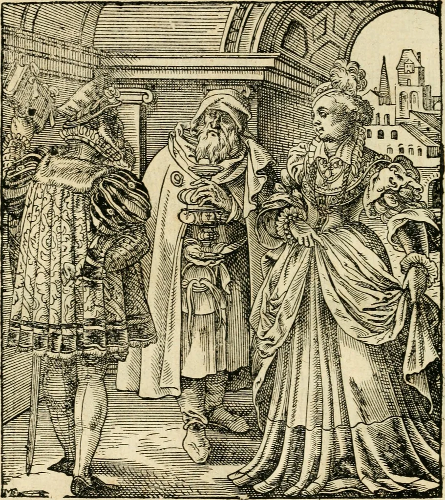 An illustration from Kunstbüchlin : Darinnen neben Fürbildung vieler, geistlicher vnnd weltlicher, hohes vnd niderstands Personen, so dann auch der Türkischen Käyser derselben obersten allerhandt kunstreiche Stück vnnd Figuren : auch die sieben Planeten, zehen alter Rittmeister vnnd Befelchshaber, Reutern vnd Contrafactur der Pferde, allerlen Thurnier, Fechten vnd dann erliche Helm vnd Helmdecken begriffen : Alles auff das zierlicht vnd künstlichst gerissen, 1599, leaf 269