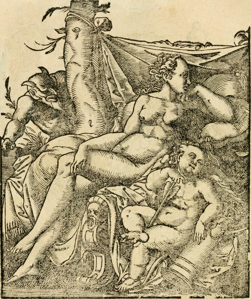 An illustration from Kunstbüchlin : Darinnen neben Fürbildung vieler, geistlicher vnnd weltlicher, hohes vnd niderstands Personen, so dann auch der Türkischen Käyser derselben obersten allerhandt kunstreiche Stück vnnd Figuren : auch die sieben Planeten, zehen alter Rittmeister vnnd Befelchshaber, Reutern vnd Contrafactur der Pferde, allerlen Thurnier, Fechten vnd dann erliche Helm vnd Helmdecken begriffen : Alles auff das zierlicht vnd künstlichst gerissen, 1599, leaf 27
