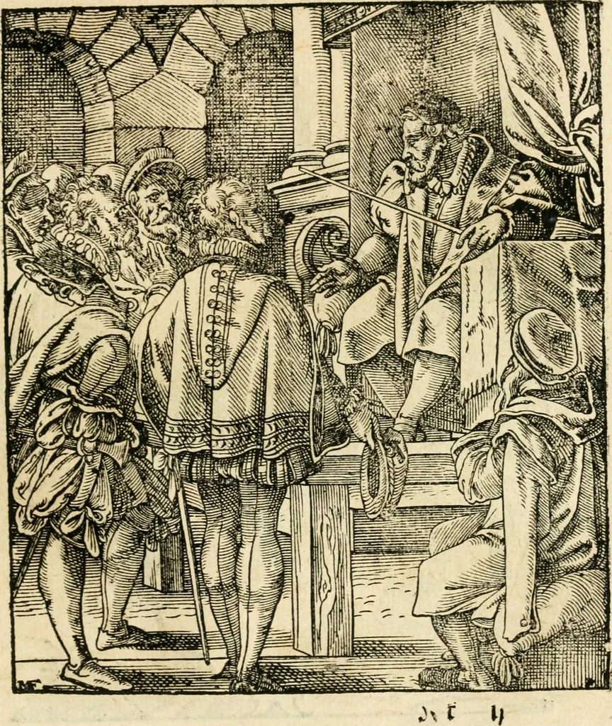 An illustration from Kunstbüchlin : Darinnen neben Fürbildung vieler, geistlicher vnnd weltlicher, hohes vnd niderstands Personen, so dann auch der Türkischen Käyser derselben obersten allerhandt kunstreiche Stück vnnd Figuren : auch die sieben Planeten, zehen alter Rittmeister vnnd Befelchshaber, Reutern vnd Contrafactur der Pferde, allerlen Thurnier, Fechten vnd dann erliche Helm vnd Helmdecken begriffen : Alles auff das zierlicht vnd künstlichst gerissen, 1599, leaf 270