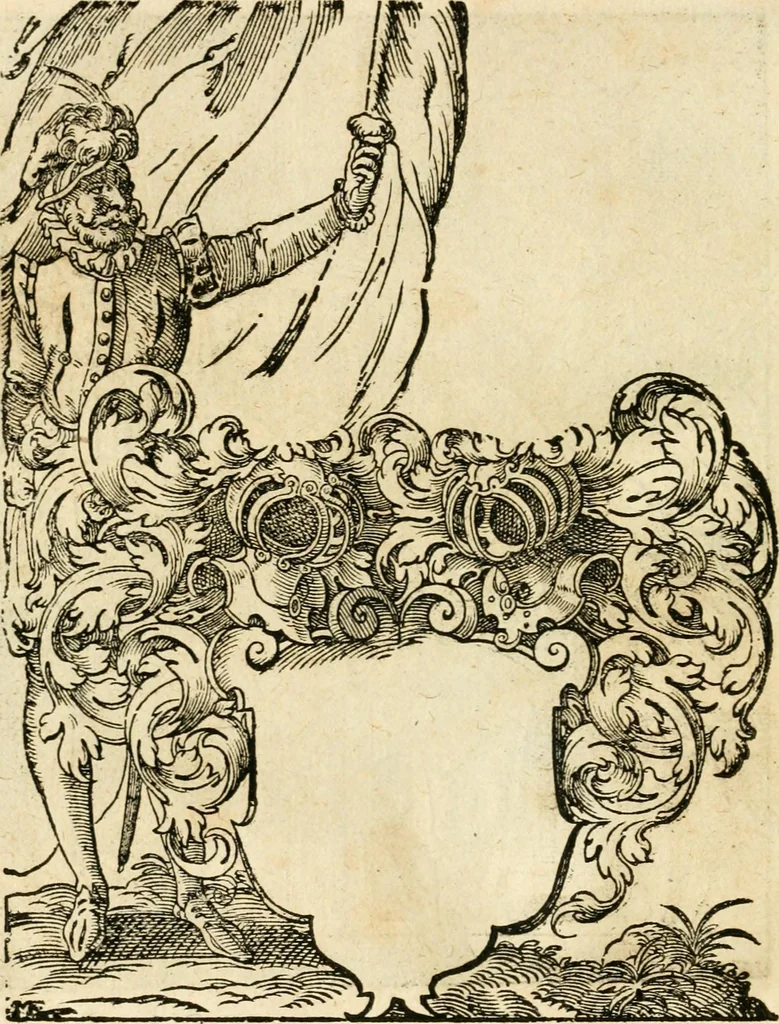 An illustration from Kunstbüchlin : Darinnen neben Fürbildung vieler, geistlicher vnnd weltlicher, hohes vnd niderstands Personen, so dann auch der Türkischen Käyser derselben obersten allerhandt kunstreiche Stück vnnd Figuren : auch die sieben Planeten, zehen alter Rittmeister vnnd Befelchshaber, Reutern vnd Contrafactur der Pferde, allerlen Thurnier, Fechten vnd dann erliche Helm vnd Helmdecken begriffen : Alles auff das zierlicht vnd künstlichst gerissen, 1599, leaf 271