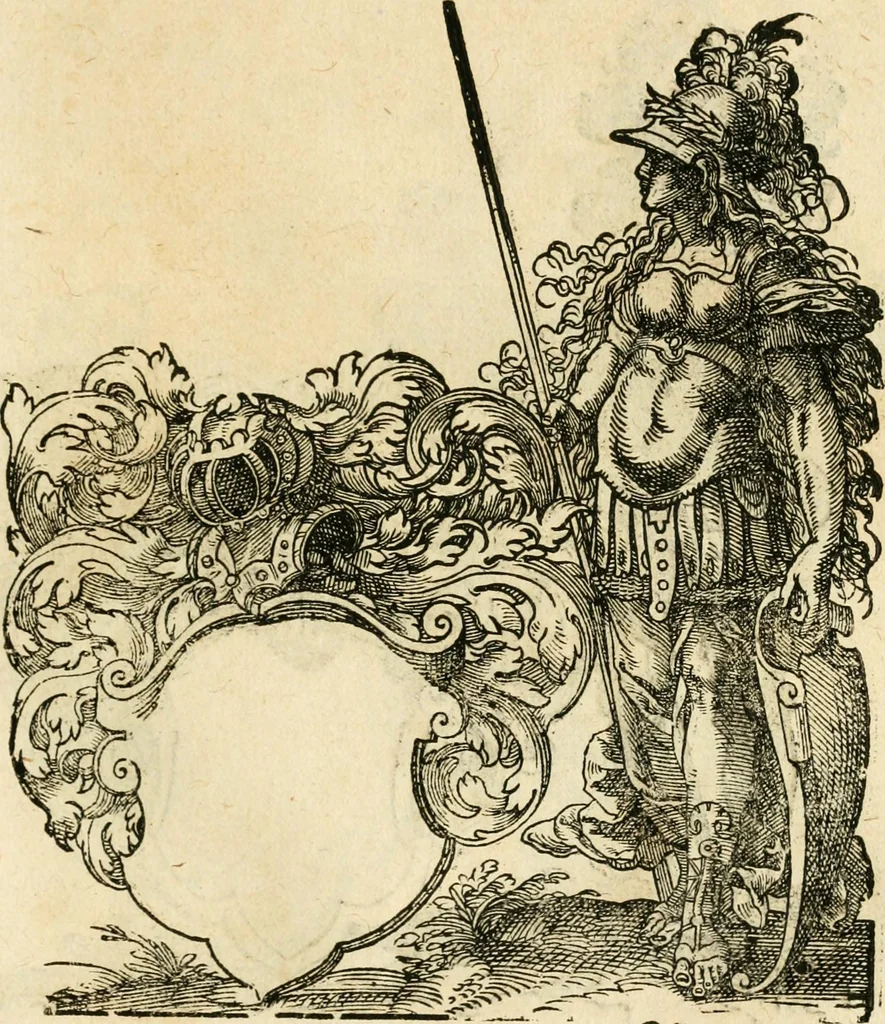 An illustration from Kunstbüchlin : Darinnen neben Fürbildung vieler, geistlicher vnnd weltlicher, hohes vnd niderstands Personen, so dann auch der Türkischen Käyser derselben obersten allerhandt kunstreiche Stück vnnd Figuren : auch die sieben Planeten, zehen alter Rittmeister vnnd Befelchshaber, Reutern vnd Contrafactur der Pferde, allerlen Thurnier, Fechten vnd dann erliche Helm vnd Helmdecken begriffen : Alles auff das zierlicht vnd künstlichst gerissen, 1599, leaf 272