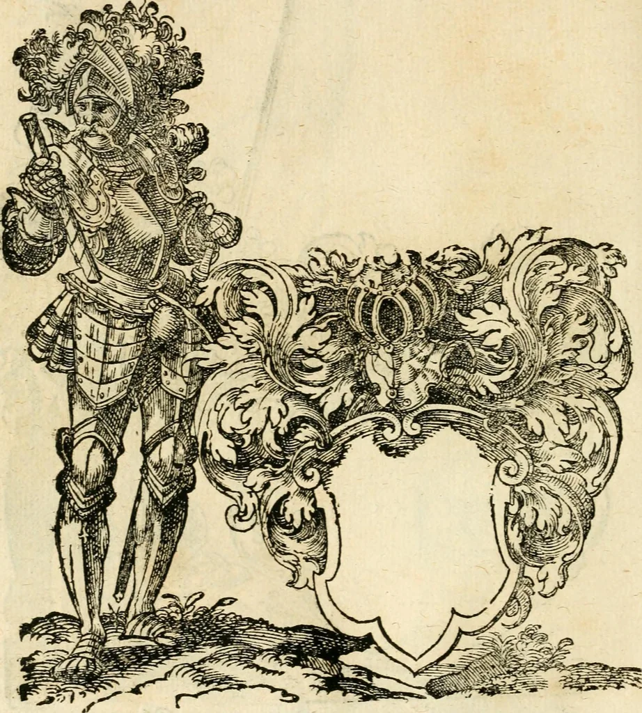 An illustration from Kunstbüchlin : Darinnen neben Fürbildung vieler, geistlicher vnnd weltlicher, hohes vnd niderstands Personen, so dann auch der Türkischen Käyser derselben obersten allerhandt kunstreiche Stück vnnd Figuren : auch die sieben Planeten, zehen alter Rittmeister vnnd Befelchshaber, Reutern vnd Contrafactur der Pferde, allerlen Thurnier, Fechten vnd dann erliche Helm vnd Helmdecken begriffen : Alles auff das zierlicht vnd künstlichst gerissen, 1599, leaf 273