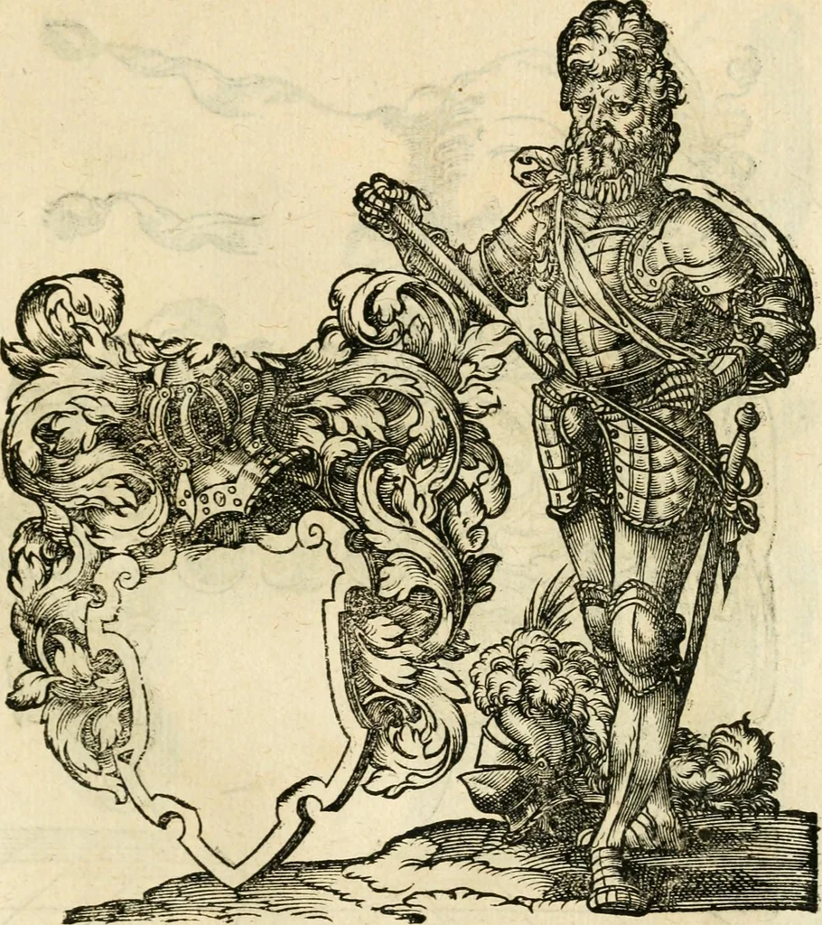 An illustration from Kunstbüchlin : Darinnen neben Fürbildung vieler, geistlicher vnnd weltlicher, hohes vnd niderstands Personen, so dann auch der Türkischen Käyser derselben obersten allerhandt kunstreiche Stück vnnd Figuren : auch die sieben Planeten, zehen alter Rittmeister vnnd Befelchshaber, Reutern vnd Contrafactur der Pferde, allerlen Thurnier, Fechten vnd dann erliche Helm vnd Helmdecken begriffen : Alles auff das zierlicht vnd künstlichst gerissen, 1599, leaf 274