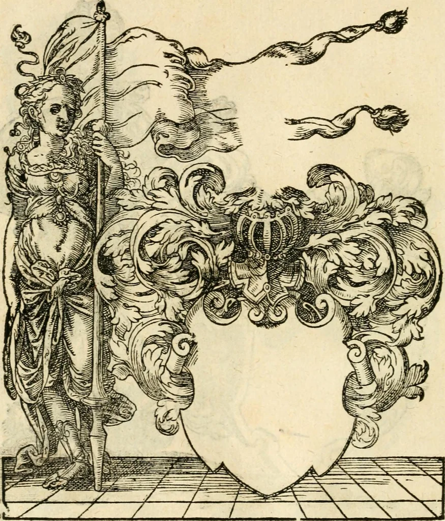 An illustration from Kunstbüchlin : Darinnen neben Fürbildung vieler, geistlicher vnnd weltlicher, hohes vnd niderstands Personen, so dann auch der Türkischen Käyser derselben obersten allerhandt kunstreiche Stück vnnd Figuren : auch die sieben Planeten, zehen alter Rittmeister vnnd Befelchshaber, Reutern vnd Contrafactur der Pferde, allerlen Thurnier, Fechten vnd dann erliche Helm vnd Helmdecken begriffen : Alles auff das zierlicht vnd künstlichst gerissen, 1599, leaf 275