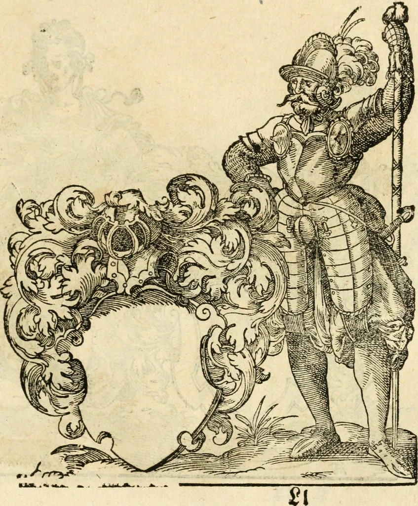 An illustration from Kunstbüchlin : Darinnen neben Fürbildung vieler, geistlicher vnnd weltlicher, hohes vnd niderstands Personen, so dann auch der Türkischen Käyser derselben obersten allerhandt kunstreiche Stück vnnd Figuren : auch die sieben Planeten, zehen alter Rittmeister vnnd Befelchshaber, Reutern vnd Contrafactur der Pferde, allerlen Thurnier, Fechten vnd dann erliche Helm vnd Helmdecken begriffen : Alles auff das zierlicht vnd künstlichst gerissen, 1599, leaf 276
