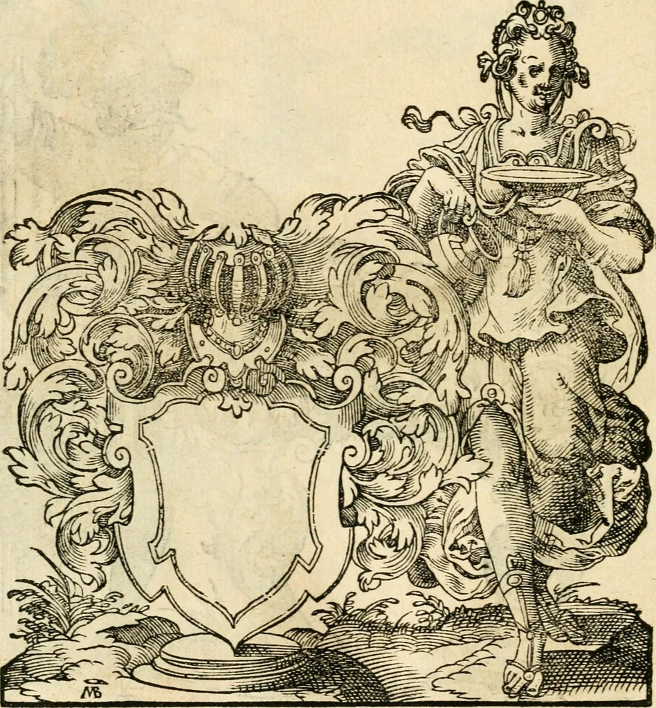 An illustration from Kunstbüchlin : Darinnen neben Fürbildung vieler, geistlicher vnnd weltlicher, hohes vnd niderstands Personen, so dann auch der Türkischen Käyser derselben obersten allerhandt kunstreiche Stück vnnd Figuren : auch die sieben Planeten, zehen alter Rittmeister vnnd Befelchshaber, Reutern vnd Contrafactur der Pferde, allerlen Thurnier, Fechten vnd dann erliche Helm vnd Helmdecken begriffen : Alles auff das zierlicht vnd künstlichst gerissen, 1599, leaf 277