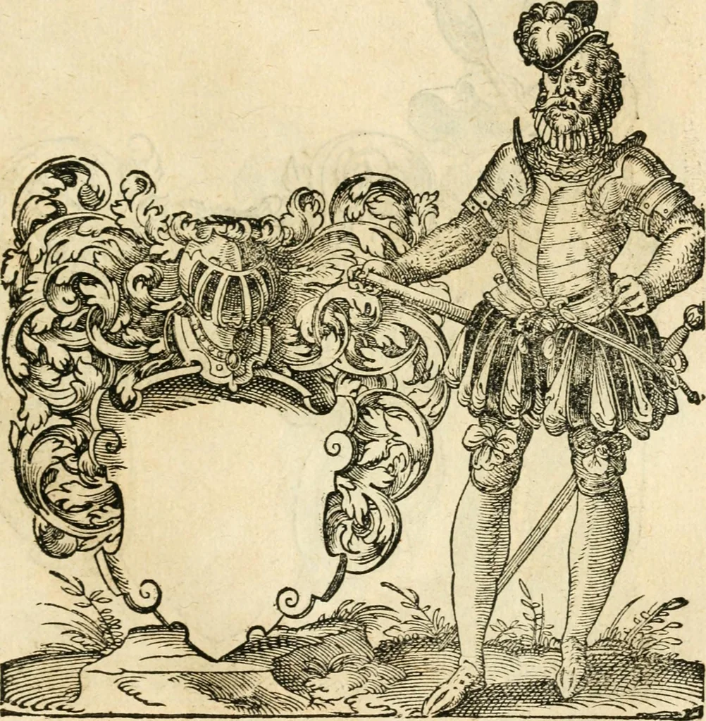 An illustration from Kunstbüchlin : Darinnen neben Fürbildung vieler, geistlicher vnnd weltlicher, hohes vnd niderstands Personen, so dann auch der Türkischen Käyser derselben obersten allerhandt kunstreiche Stück vnnd Figuren : auch die sieben Planeten, zehen alter Rittmeister vnnd Befelchshaber, Reutern vnd Contrafactur der Pferde, allerlen Thurnier, Fechten vnd dann erliche Helm vnd Helmdecken begriffen : Alles auff das zierlicht vnd künstlichst gerissen, 1599, leaf 278