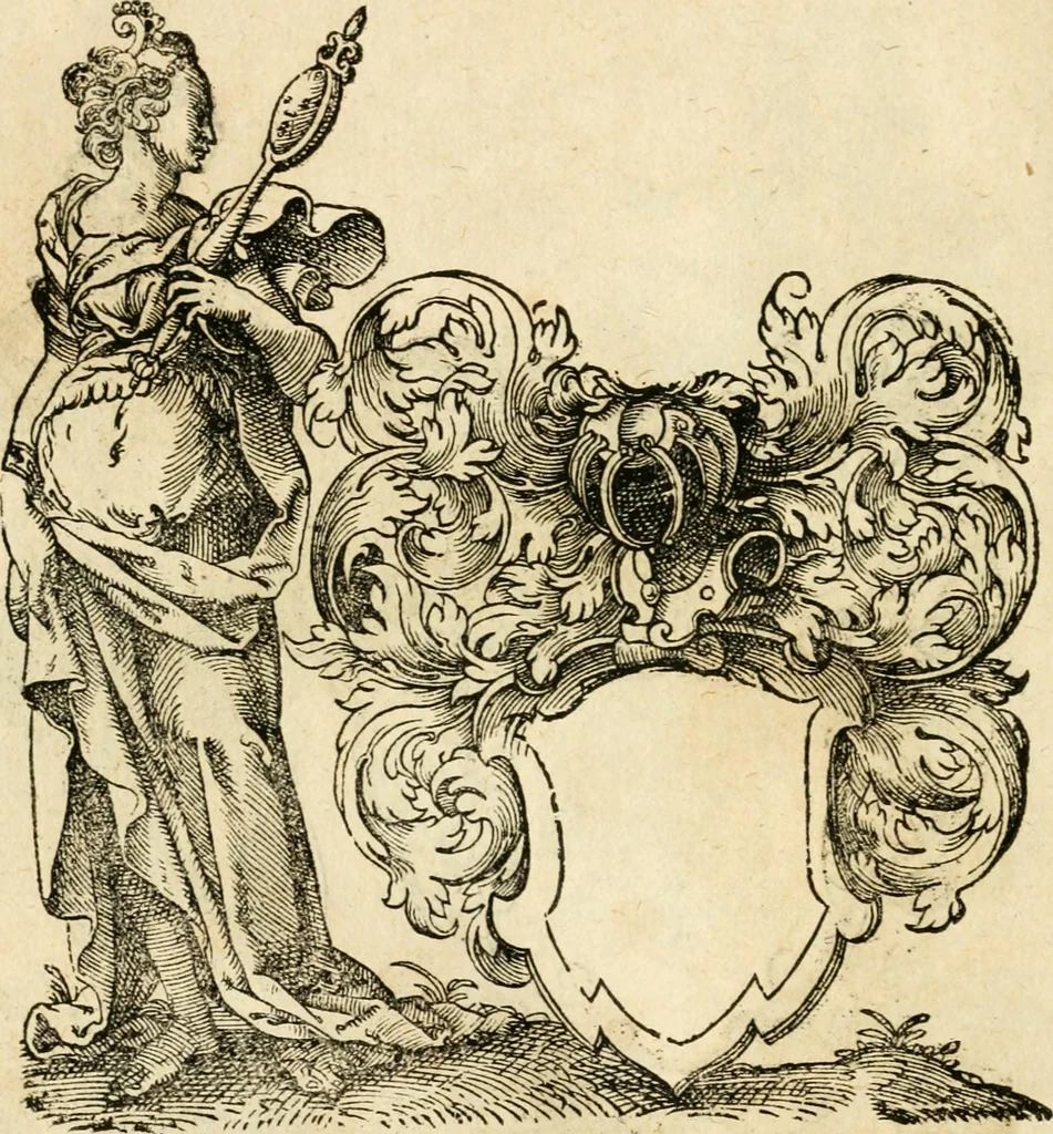 An illustration from Kunstbüchlin : Darinnen neben Fürbildung vieler, geistlicher vnnd weltlicher, hohes vnd niderstands Personen, so dann auch der Türkischen Käyser derselben obersten allerhandt kunstreiche Stück vnnd Figuren : auch die sieben Planeten, zehen alter Rittmeister vnnd Befelchshaber, Reutern vnd Contrafactur der Pferde, allerlen Thurnier, Fechten vnd dann erliche Helm vnd Helmdecken begriffen : Alles auff das zierlicht vnd künstlichst gerissen, 1599, leaf 279