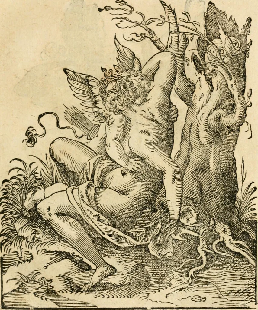 An illustration from Kunstbüchlin : Darinnen neben Fürbildung vieler, geistlicher vnnd weltlicher, hohes vnd niderstands Personen, so dann auch der Türkischen Käyser derselben obersten allerhandt kunstreiche Stück vnnd Figuren : auch die sieben Planeten, zehen alter Rittmeister vnnd Befelchshaber, Reutern vnd Contrafactur der Pferde, allerlen Thurnier, Fechten vnd dann erliche Helm vnd Helmdecken begriffen : Alles auff das zierlicht vnd künstlichst gerissen, 1599, leaf 28