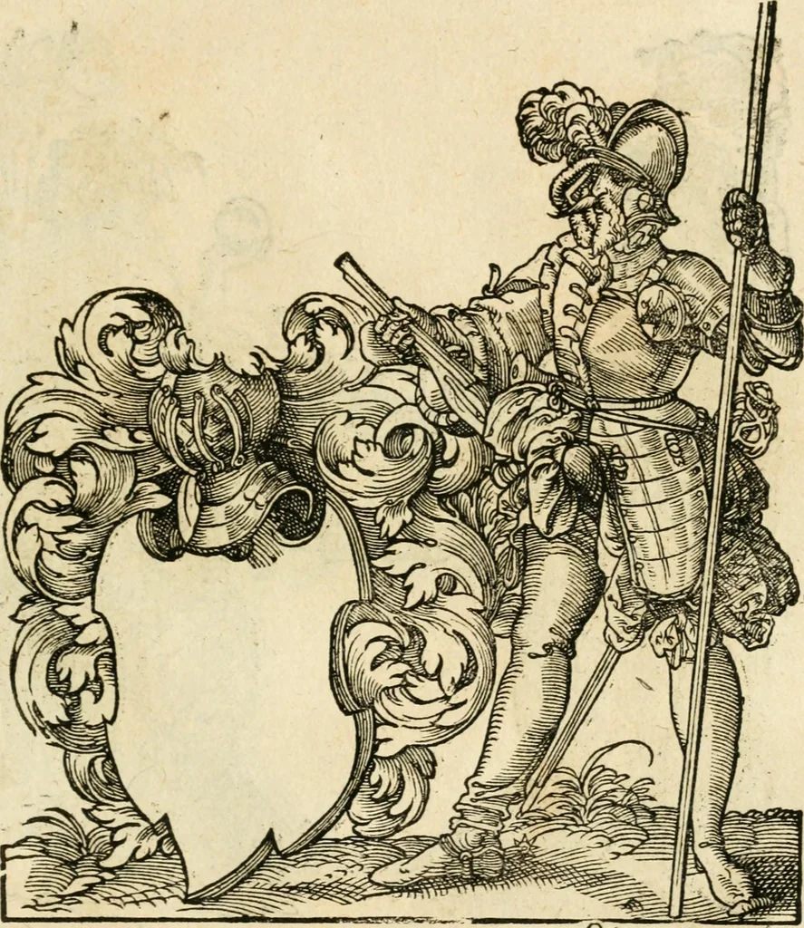 An illustration from Kunstbüchlin : Darinnen neben Fürbildung vieler, geistlicher vnnd weltlicher, hohes vnd niderstands Personen, so dann auch der Türkischen Käyser derselben obersten allerhandt kunstreiche Stück vnnd Figuren : auch die sieben Planeten, zehen alter Rittmeister vnnd Befelchshaber, Reutern vnd Contrafactur der Pferde, allerlen Thurnier, Fechten vnd dann erliche Helm vnd Helmdecken begriffen : Alles auff das zierlicht vnd künstlichst gerissen, 1599, leaf 280