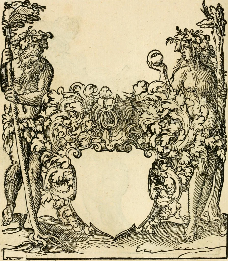 An illustration from Kunstbüchlin : Darinnen neben Fürbildung vieler, geistlicher vnnd weltlicher, hohes vnd niderstands Personen, so dann auch der Türkischen Käyser derselben obersten allerhandt kunstreiche Stück vnnd Figuren : auch die sieben Planeten, zehen alter Rittmeister vnnd Befelchshaber, Reutern vnd Contrafactur der Pferde, allerlen Thurnier, Fechten vnd dann erliche Helm vnd Helmdecken begriffen : Alles auff das zierlicht vnd künstlichst gerissen, 1599, leaf 281