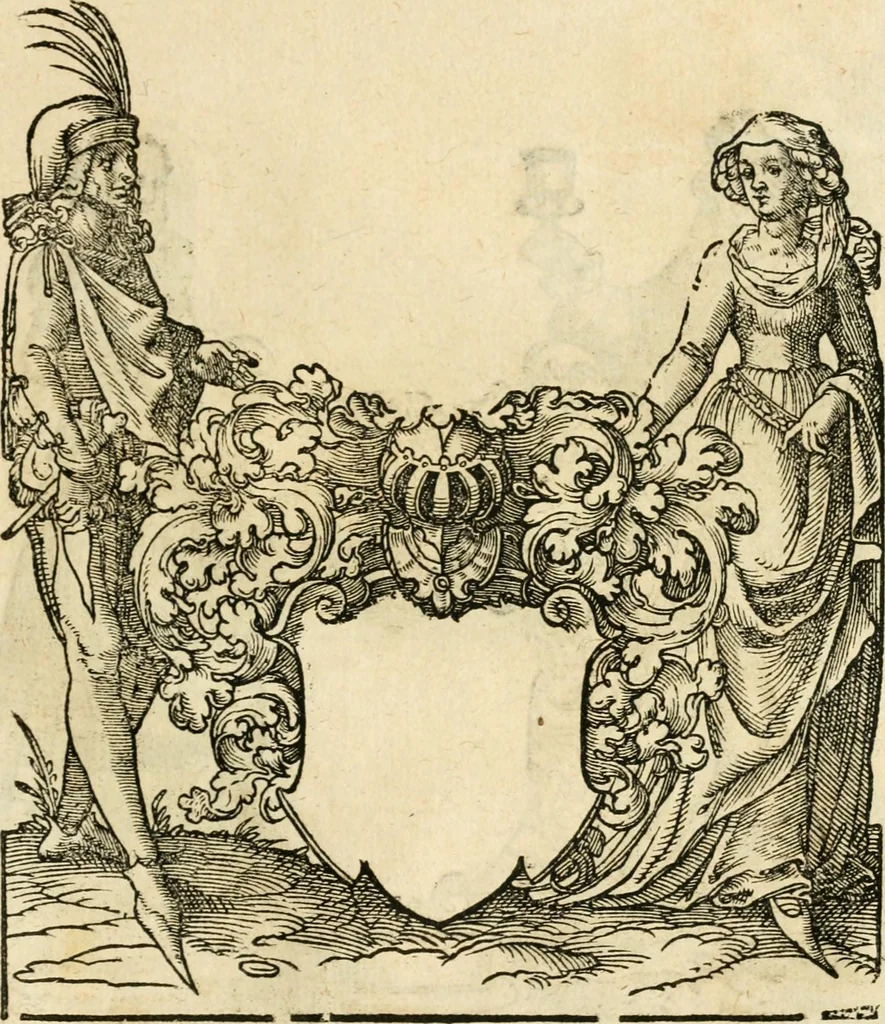 An illustration from Kunstbüchlin : Darinnen neben Fürbildung vieler, geistlicher vnnd weltlicher, hohes vnd niderstands Personen, so dann auch der Türkischen Käyser derselben obersten allerhandt kunstreiche Stück vnnd Figuren : auch die sieben Planeten, zehen alter Rittmeister vnnd Befelchshaber, Reutern vnd Contrafactur der Pferde, allerlen Thurnier, Fechten vnd dann erliche Helm vnd Helmdecken begriffen : Alles auff das zierlicht vnd künstlichst gerissen, 1599, leaf 282