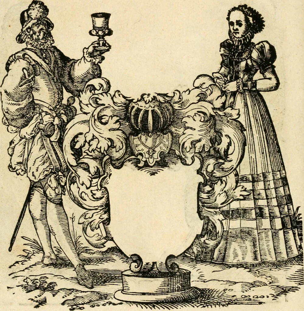 An illustration from Kunstbüchlin : Darinnen neben Fürbildung vieler, geistlicher vnnd weltlicher, hohes vnd niderstands Personen, so dann auch der Türkischen Käyser derselben obersten allerhandt kunstreiche Stück vnnd Figuren : auch die sieben Planeten, zehen alter Rittmeister vnnd Befelchshaber, Reutern vnd Contrafactur der Pferde, allerlen Thurnier, Fechten vnd dann erliche Helm vnd Helmdecken begriffen : Alles auff das zierlicht vnd künstlichst gerissen, 1599, leaf 283