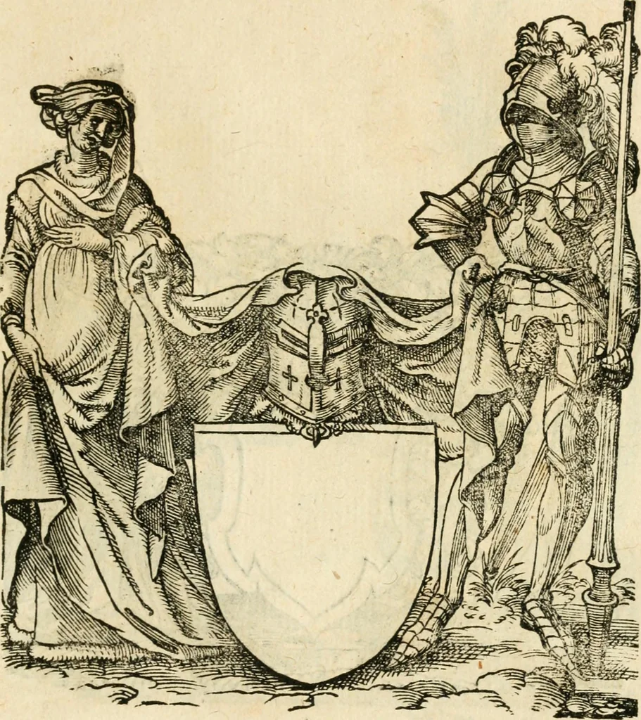 An illustration from Kunstbüchlin : Darinnen neben Fürbildung vieler, geistlicher vnnd weltlicher, hohes vnd niderstands Personen, so dann auch der Türkischen Käyser derselben obersten allerhandt kunstreiche Stück vnnd Figuren : auch die sieben Planeten, zehen alter Rittmeister vnnd Befelchshaber, Reutern vnd Contrafactur der Pferde, allerlen Thurnier, Fechten vnd dann erliche Helm vnd Helmdecken begriffen : Alles auff das zierlicht vnd künstlichst gerissen, 1599, leaf 284