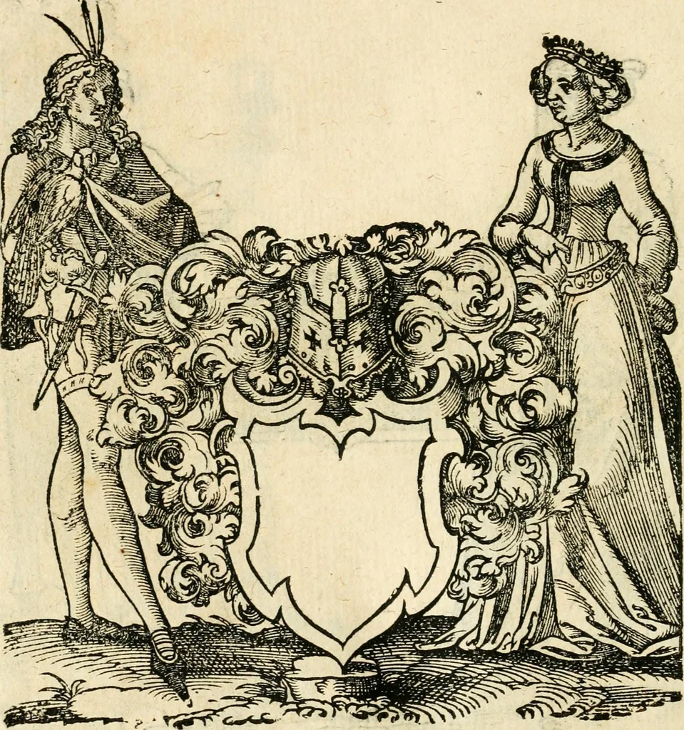 An illustration from Kunstbüchlin : Darinnen neben Fürbildung vieler, geistlicher vnnd weltlicher, hohes vnd niderstands Personen, so dann auch der Türkischen Käyser derselben obersten allerhandt kunstreiche Stück vnnd Figuren : auch die sieben Planeten, zehen alter Rittmeister vnnd Befelchshaber, Reutern vnd Contrafactur der Pferde, allerlen Thurnier, Fechten vnd dann erliche Helm vnd Helmdecken begriffen : Alles auff das zierlicht vnd künstlichst gerissen, 1599, leaf 285