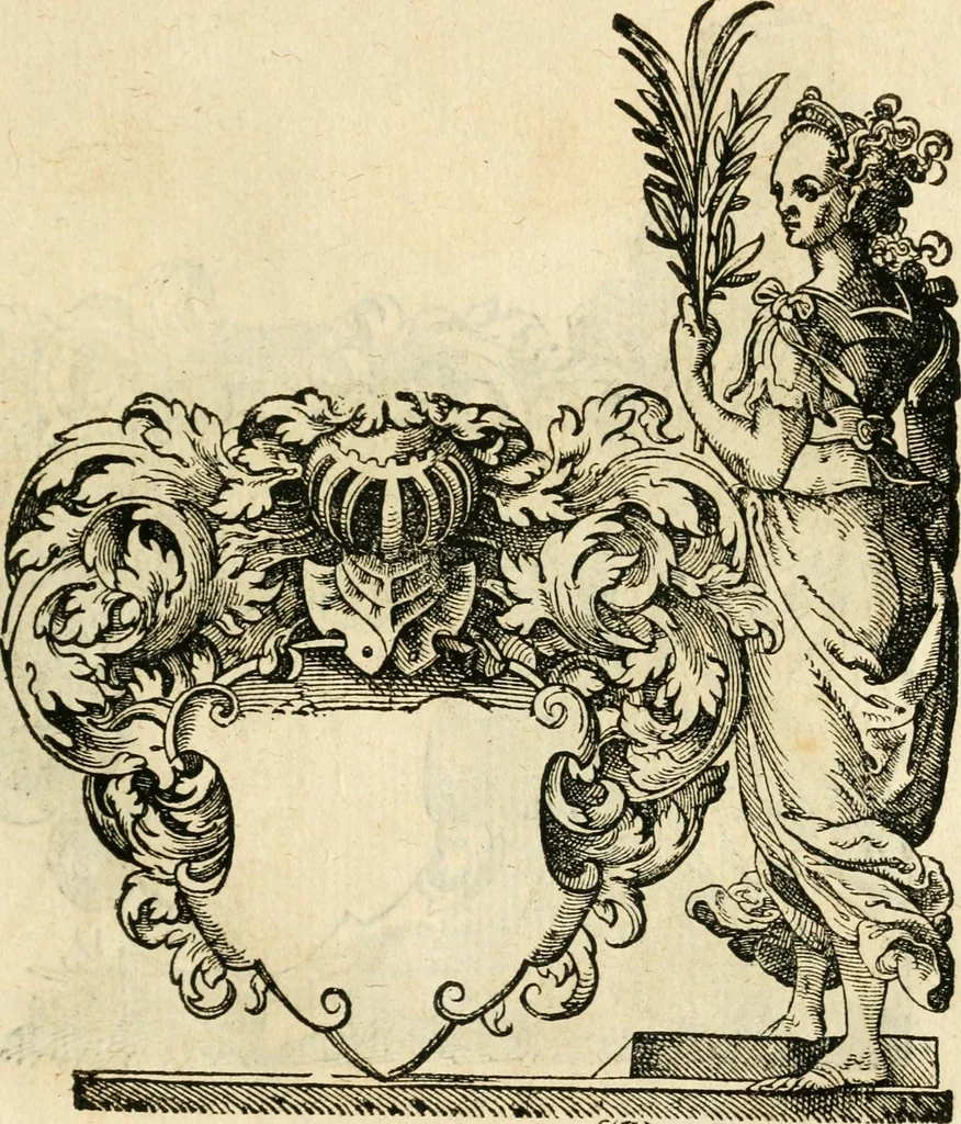 An illustration from Kunstbüchlin : Darinnen neben Fürbildung vieler, geistlicher vnnd weltlicher, hohes vnd niderstands Personen, so dann auch der Türkischen Käyser derselben obersten allerhandt kunstreiche Stück vnnd Figuren : auch die sieben Planeten, zehen alter Rittmeister vnnd Befelchshaber, Reutern vnd Contrafactur der Pferde, allerlen Thurnier, Fechten vnd dann erliche Helm vnd Helmdecken begriffen : Alles auff das zierlicht vnd künstlichst gerissen, 1599, leaf 286
