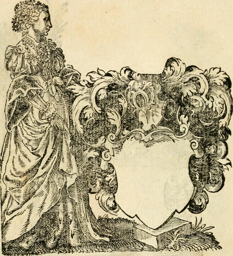 An illustration from Kunstbüchlin : Darinnen neben Fürbildung vieler, geistlicher vnnd weltlicher, hohes vnd niderstands Personen, so dann auch der Türkischen Käyser derselben obersten allerhandt kunstreiche Stück vnnd Figuren : auch die sieben Planeten, zehen alter Rittmeister vnnd Befelchshaber, Reutern vnd Contrafactur der Pferde, allerlen Thurnier, Fechten vnd dann erliche Helm vnd Helmdecken begriffen : Alles auff das zierlicht vnd künstlichst gerissen, 1599, leaf 287