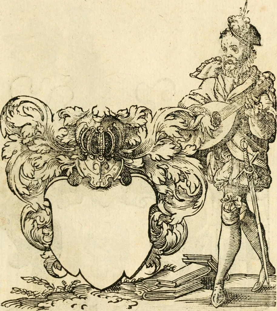 An illustration from Kunstbüchlin : Darinnen neben Fürbildung vieler, geistlicher vnnd weltlicher, hohes vnd niderstands Personen, so dann auch der Türkischen Käyser derselben obersten allerhandt kunstreiche Stück vnnd Figuren : auch die sieben Planeten, zehen alter Rittmeister vnnd Befelchshaber, Reutern vnd Contrafactur der Pferde, allerlen Thurnier, Fechten vnd dann erliche Helm vnd Helmdecken begriffen : Alles auff das zierlicht vnd künstlichst gerissen, 1599, leaf 288