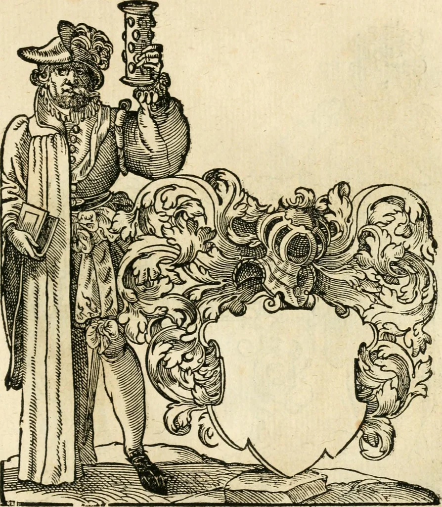 An illustration from Kunstbüchlin : Darinnen neben Fürbildung vieler, geistlicher vnnd weltlicher, hohes vnd niderstands Personen, so dann auch der Türkischen Käyser derselben obersten allerhandt kunstreiche Stück vnnd Figuren : auch die sieben Planeten, zehen alter Rittmeister vnnd Befelchshaber, Reutern vnd Contrafactur der Pferde, allerlen Thurnier, Fechten vnd dann erliche Helm vnd Helmdecken begriffen : Alles auff das zierlicht vnd künstlichst gerissen, 1599, leaf 290