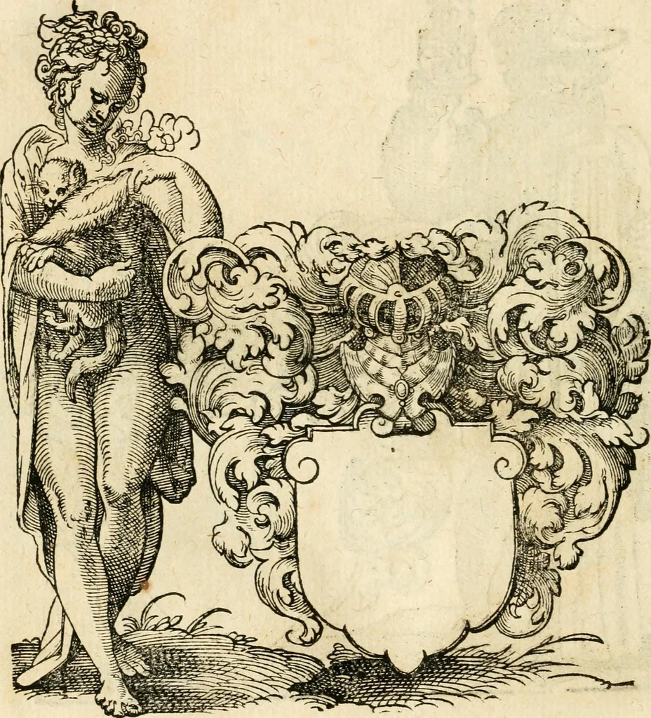 An illustration from Kunstbüchlin : Darinnen neben Fürbildung vieler, geistlicher vnnd weltlicher, hohes vnd niderstands Personen, so dann auch der Türkischen Käyser derselben obersten allerhandt kunstreiche Stück vnnd Figuren : auch die sieben Planeten, zehen alter Rittmeister vnnd Befelchshaber, Reutern vnd Contrafactur der Pferde, allerlen Thurnier, Fechten vnd dann erliche Helm vnd Helmdecken begriffen : Alles auff das zierlicht vnd künstlichst gerissen, 1599, leaf 291