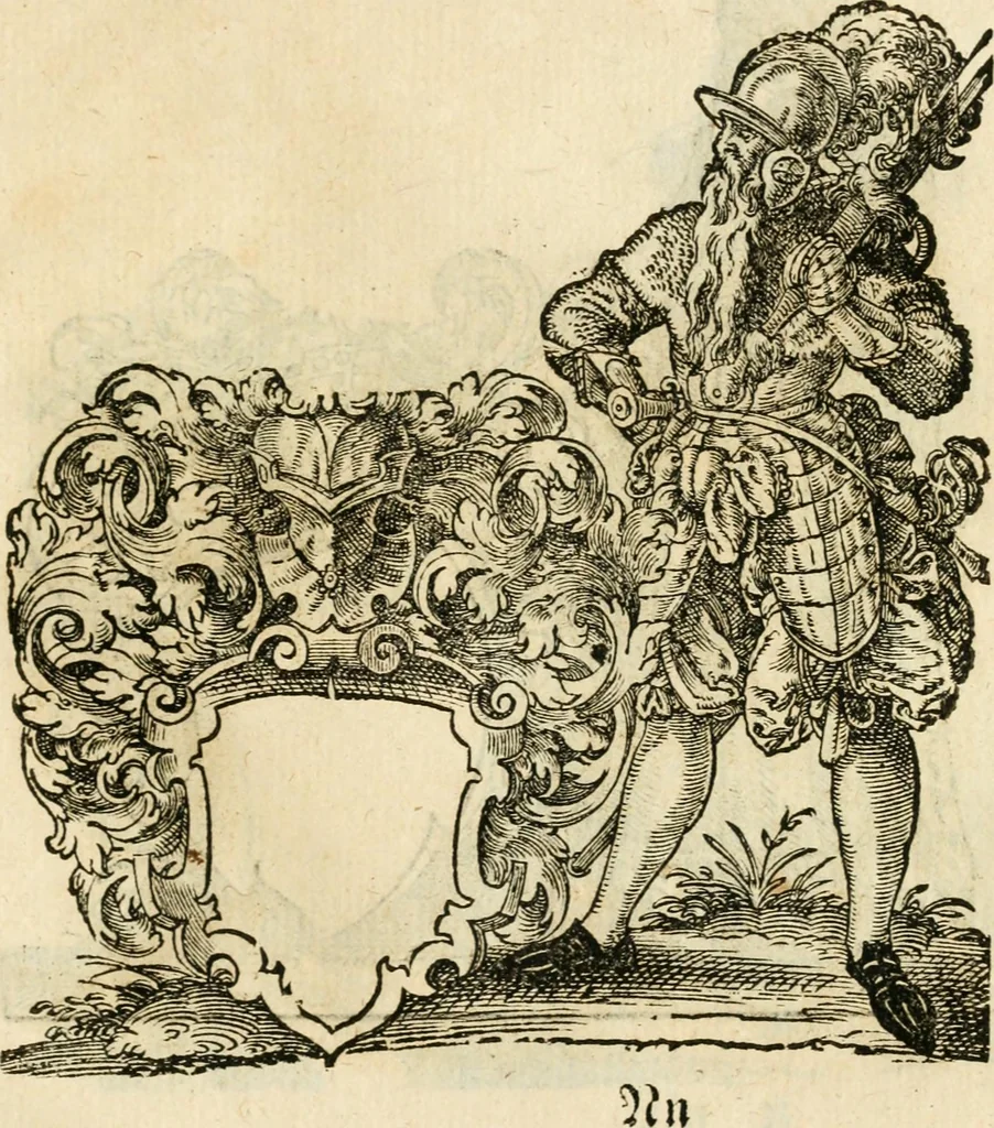 An illustration from Kunstbüchlin : Darinnen neben Fürbildung vieler, geistlicher vnnd weltlicher, hohes vnd niderstands Personen, so dann auch der Türkischen Käyser derselben obersten allerhandt kunstreiche Stück vnnd Figuren : auch die sieben Planeten, zehen alter Rittmeister vnnd Befelchshaber, Reutern vnd Contrafactur der Pferde, allerlen Thurnier, Fechten vnd dann erliche Helm vnd Helmdecken begriffen : Alles auff das zierlicht vnd künstlichst gerissen, 1599, leaf 292