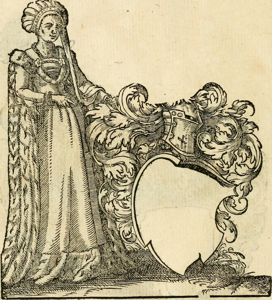 An illustration from Kunstbüchlin : Darinnen neben Fürbildung vieler, geistlicher vnnd weltlicher, hohes vnd niderstands Personen, so dann auch der Türkischen Käyser derselben obersten allerhandt kunstreiche Stück vnnd Figuren : auch die sieben Planeten, zehen alter Rittmeister vnnd Befelchshaber, Reutern vnd Contrafactur der Pferde, allerlen Thurnier, Fechten vnd dann erliche Helm vnd Helmdecken begriffen : Alles auff das zierlicht vnd künstlichst gerissen, 1599, leaf 293