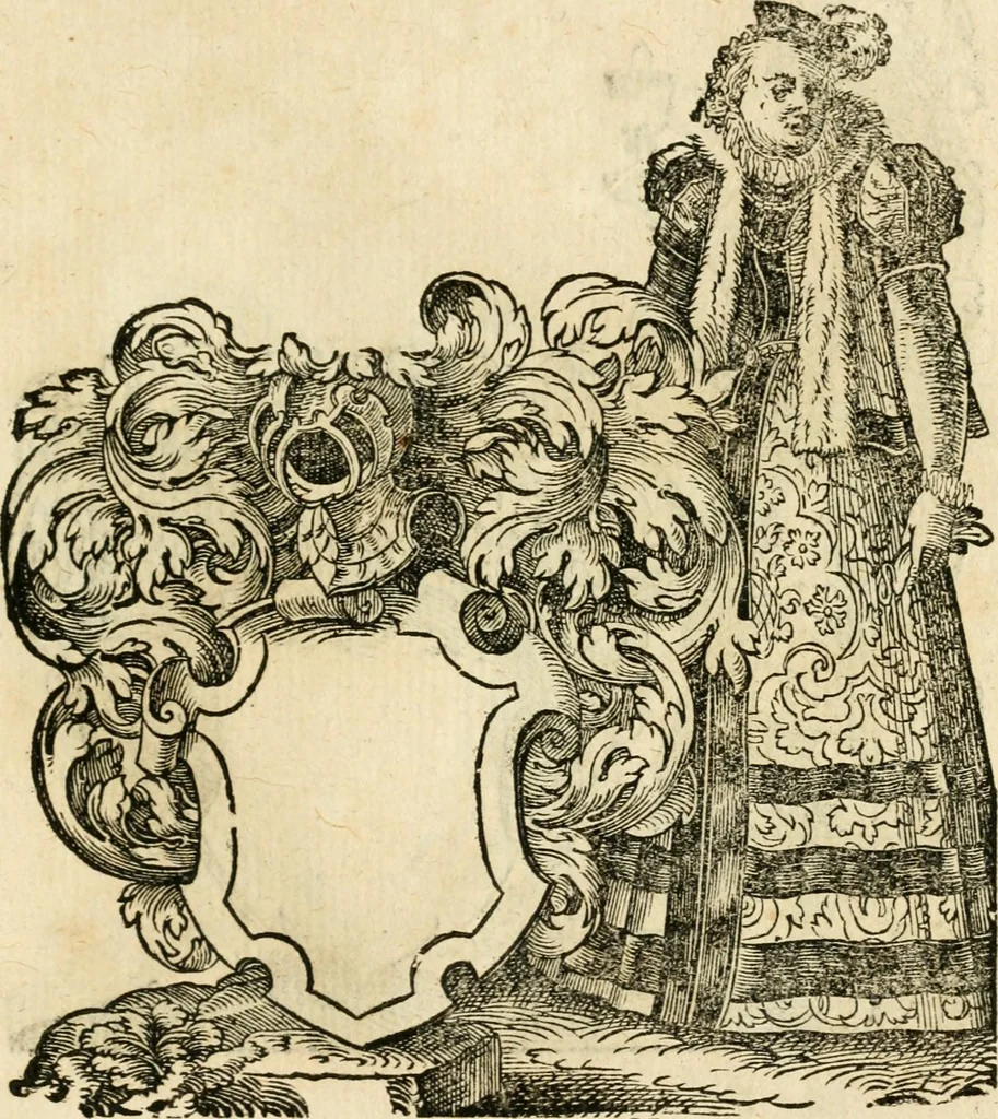 An illustration from Kunstbüchlin : Darinnen neben Fürbildung vieler, geistlicher vnnd weltlicher, hohes vnd niderstands Personen, so dann auch der Türkischen Käyser derselben obersten allerhandt kunstreiche Stück vnnd Figuren : auch die sieben Planeten, zehen alter Rittmeister vnnd Befelchshaber, Reutern vnd Contrafactur der Pferde, allerlen Thurnier, Fechten vnd dann erliche Helm vnd Helmdecken begriffen : Alles auff das zierlicht vnd künstlichst gerissen, 1599, leaf 294