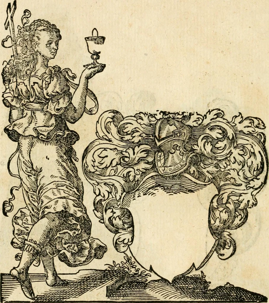 An illustration from Kunstbüchlin : Darinnen neben Fürbildung vieler, geistlicher vnnd weltlicher, hohes vnd niderstands Personen, so dann auch der Türkischen Käyser derselben obersten allerhandt kunstreiche Stück vnnd Figuren : auch die sieben Planeten, zehen alter Rittmeister vnnd Befelchshaber, Reutern vnd Contrafactur der Pferde, allerlen Thurnier, Fechten vnd dann erliche Helm vnd Helmdecken begriffen : Alles auff das zierlicht vnd künstlichst gerissen, 1599, leaf 295