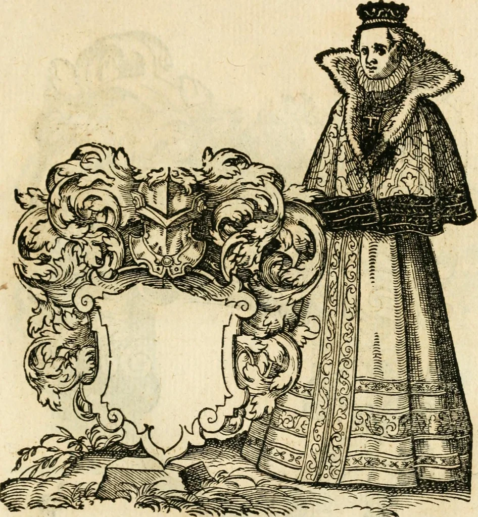An illustration from Kunstbüchlin : Darinnen neben Fürbildung vieler, geistlicher vnnd weltlicher, hohes vnd niderstands Personen, so dann auch der Türkischen Käyser derselben obersten allerhandt kunstreiche Stück vnnd Figuren : auch die sieben Planeten, zehen alter Rittmeister vnnd Befelchshaber, Reutern vnd Contrafactur der Pferde, allerlen Thurnier, Fechten vnd dann erliche Helm vnd Helmdecken begriffen : Alles auff das zierlicht vnd künstlichst gerissen, 1599, leaf 296