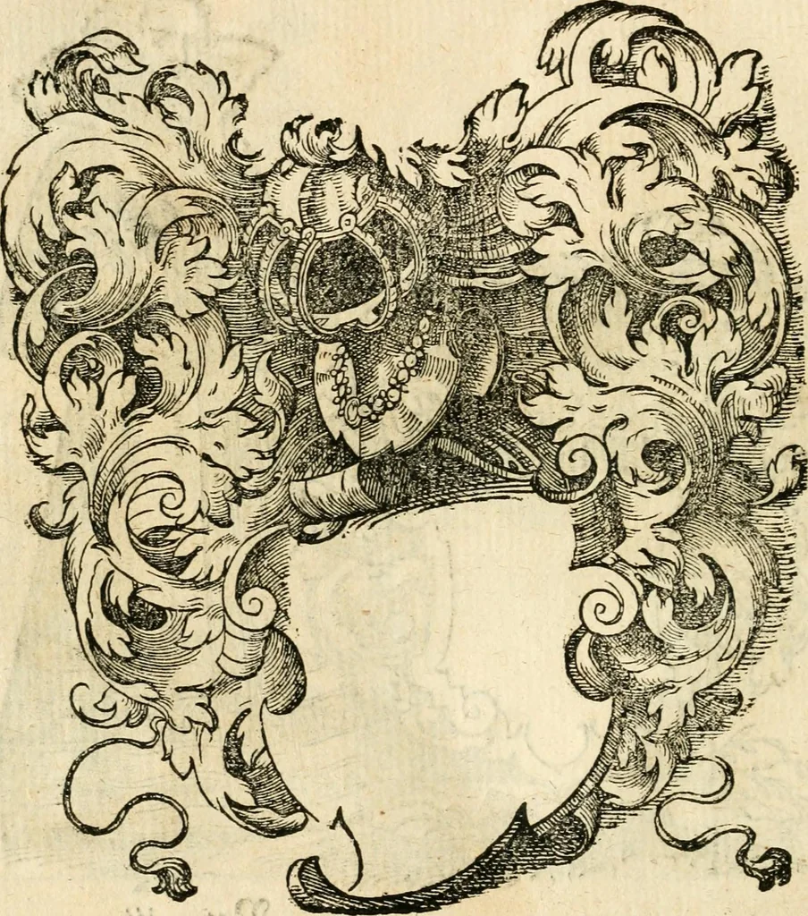 An illustration from Kunstbüchlin : Darinnen neben Fürbildung vieler, geistlicher vnnd weltlicher, hohes vnd niderstands Personen, so dann auch der Türkischen Käyser derselben obersten allerhandt kunstreiche Stück vnnd Figuren : auch die sieben Planeten, zehen alter Rittmeister vnnd Befelchshaber, Reutern vnd Contrafactur der Pferde, allerlen Thurnier, Fechten vnd dann erliche Helm vnd Helmdecken begriffen : Alles auff das zierlicht vnd künstlichst gerissen, 1599, leaf 297