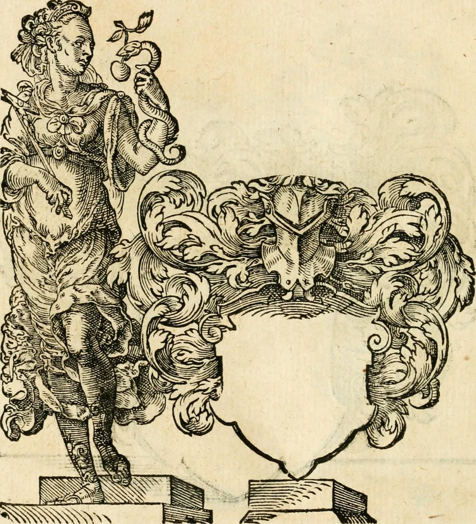 An illustration from Kunstbüchlin : Darinnen neben Fürbildung vieler, geistlicher vnnd weltlicher, hohes vnd niderstands Personen, so dann auch der Türkischen Käyser derselben obersten allerhandt kunstreiche Stück vnnd Figuren : auch die sieben Planeten, zehen alter Rittmeister vnnd Befelchshaber, Reutern vnd Contrafactur der Pferde, allerlen Thurnier, Fechten vnd dann erliche Helm vnd Helmdecken begriffen : Alles auff das zierlicht vnd künstlichst gerissen, 1599, leaf 299